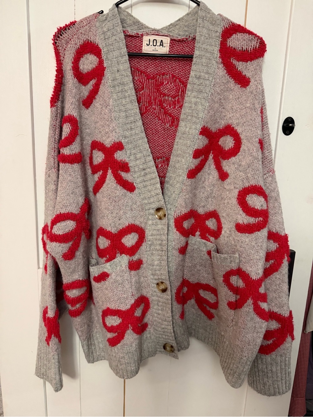 J.O.A. Gray Cardigan with Red Bow Motif